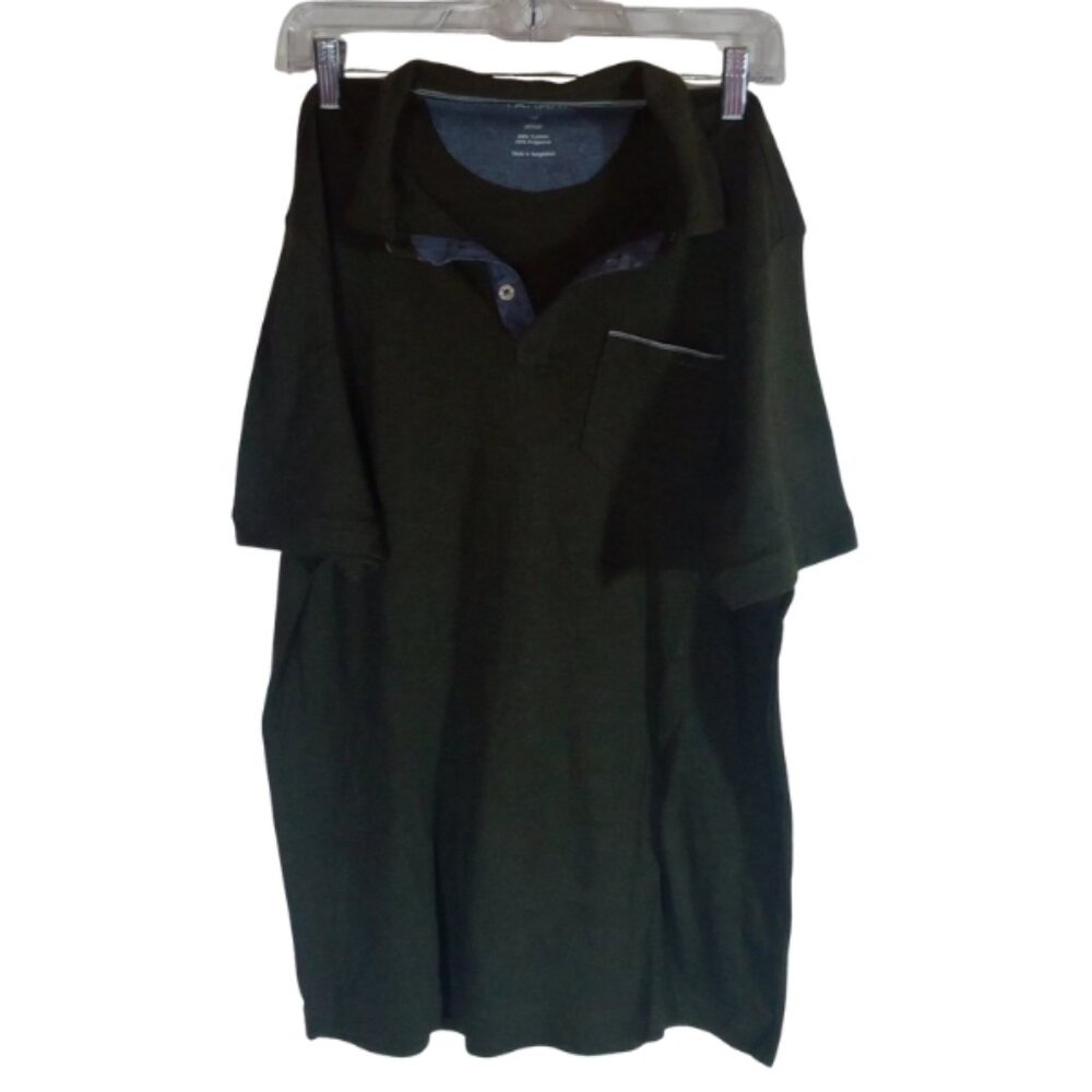 NWOT Tahari Green Polo Shirt M Blue Trim Cotton Blend Short Sleeve Casual